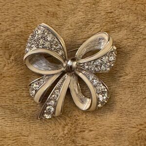 Nolan Miller Bow Brooch Enamel Clear Pave Sparkling Rhinestones